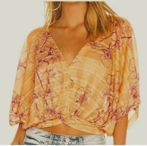 Free People Tangerine/Purple Floral One Dance Kimono-Sleeve Cropped Top Sz S/P